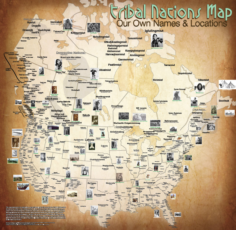 A map of Canada and the continental U.S. showing the original locations and names of Native American tribes.
