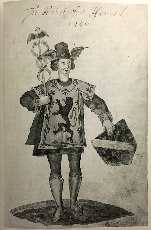 Skotsk härold från c:a 1500, ur Seaton armorial (1591). Observera referenserna till Merkurius, budbäraren. 
