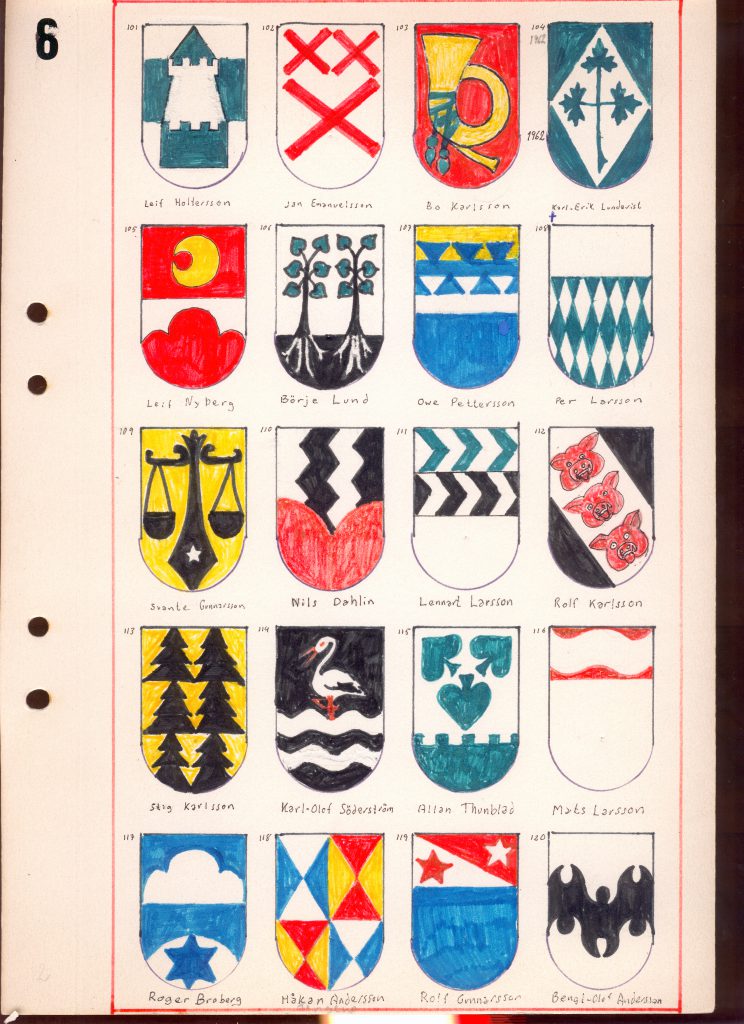 En sida ur Grästorp ishockeyklubbs vapenregister från 1956-63
