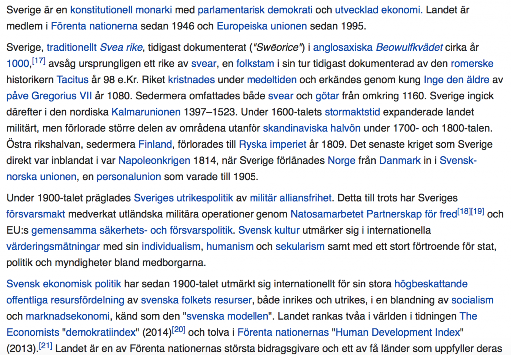 Ögonblicksbild från Wikipedia 27 mars 2017 - Uppslagsordet Sverige