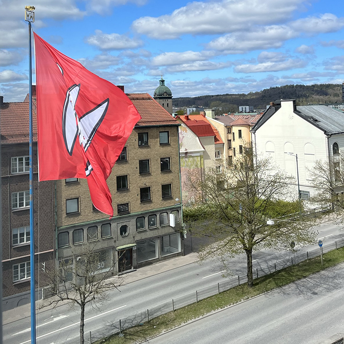 Flaggstången utanför stadshuset i Borås, med en krona. 